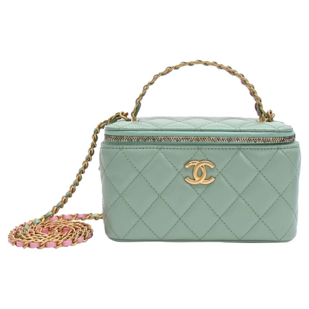 Chanel Quilted Small Top Handle Vanity Case With Chain in Light Green Leather